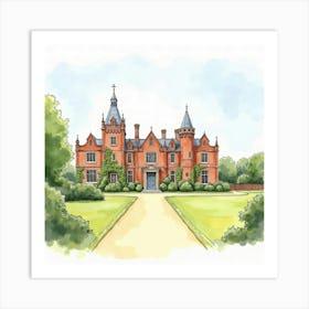 Watercolor Illustration Of The Fawsley Hall In Northamptonshire, Showcasing Its Grand Design And Picturesque Grounds Art Print