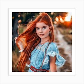 Red Haired Girl In Blue Dress Art Print