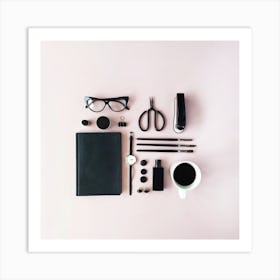 Black Office Supplies On Pink Background Art Print