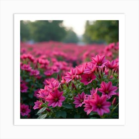 A Lush Garden Of Vibrant Fuchsia Flowers In Full Bloom 1 Art Print