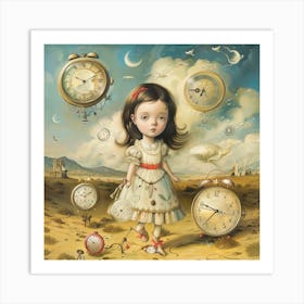 The Keeper of Time: This whimsical and enchanting artwork portrays a young girl in a fantastical landscape filled with oversized, floating clocks and surreal elements. Art Print