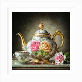 A very finely detailed Victorian style teapot with flowers, plants and roses in the center with a tea cup 9 Art Print