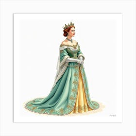 Watercolor Of Queen Elizabeth I, Adorned With Fine Jewels, Grand Pose 1 Art Print