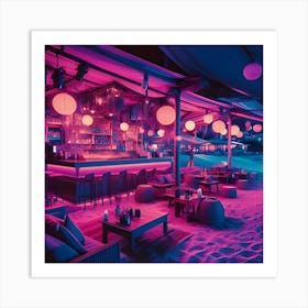 A Bar By The Beach At A Vacation Spot That Has Purple And Pink Colors In A Pop Art Style During The Night 1 Art Print