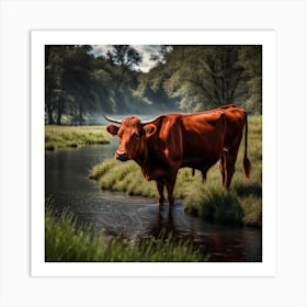 Red Longhorn at The Stream Art Print