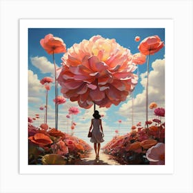 Girl Walking Through A Field Of Flowers paintings art print 1 Art Print