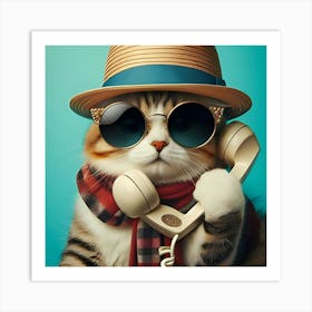 A Cat With A Hat And Sunglasses On Talking On A Phone 3 Art Print