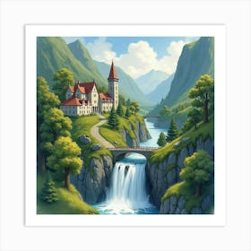 Watercolor View Of Rivendell, Elven Buildings Surrounded By Waterfalls Art Print