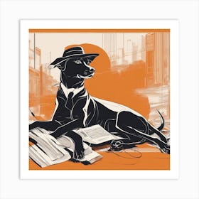 A Silhouette Of A Dog Wearing A Black Hat And Laying On Her Back On A Orange Screen, In The Style Of Art Print