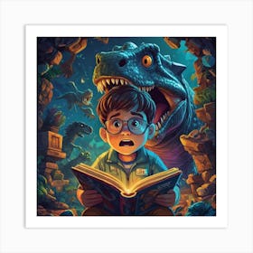 Boy Reading a Dinosaurs Story Art Print