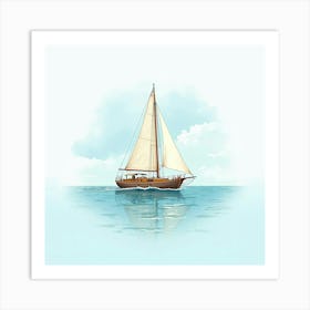 Classic Sailboat Floating On Watercolor Peaceful Sea 1 Art Print