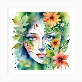 Watercolor Of A Woman With Flowers 1 Art Print