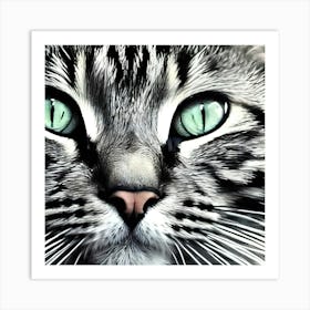 CAT WITH GREEN EYES IN BLACK AND WHITE PRINT Art Print