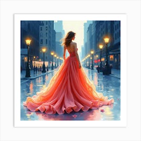 Stylish Gown Watercolor, Surrounded By Dazzling City Lights 1 Art Print