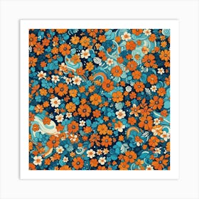 Blue And Orange Flowers Art Print