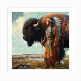 Young Native American Girl With Buffalo Copy Art Print