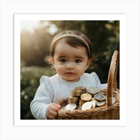 Baby Holding A Basket Of Coins Art Print