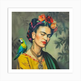 Frida Kahlo Selbstportrait mit Papagei Malerei Kunst, Florale Blumen Motiv Art Print