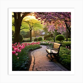 A Botanical Garden At Dawn Where The Dew Kissed Petals Of Roses And The Soft Whispers Of Opening Tulips Art Print