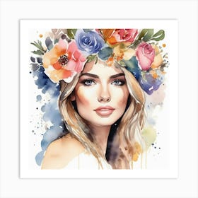 woman portrait with flowers head crown 2 1 Art Print