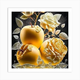 Three Apples With Roses Art Print