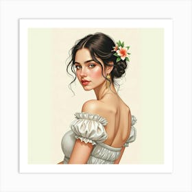 Spanish Woman With A Delicate Pose, Watercolor With Intricate Details 1 Art Print