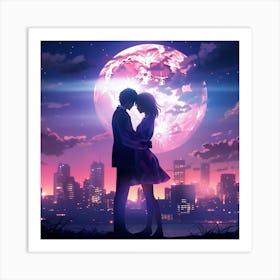 Anime Couple In Front Of The Moon Art Print