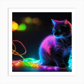 Cute Kitten With Colorful Lights Art Print