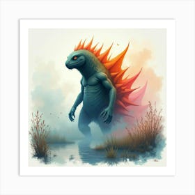 Monster Emerging From A Colorful Watercolor Misty Marsh 1 Art Print