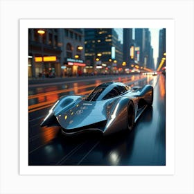 Futuristic Flying Car With Sleek Lines, Gliding Through Glowing City Streets 1 Art Print