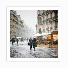 Paris cafes, winter season, Christmas, pale colors, pedestrians in the street, winter clothes, falling snow.12 Art Print