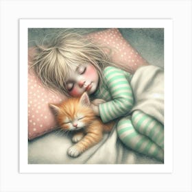 Little Girl Sleeping With Her Kitten Art Print