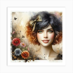 Portrait Of A Girl With Flowers Art Print