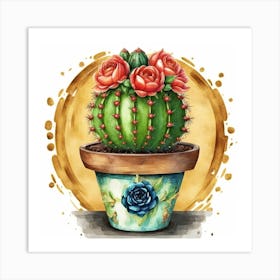 Cactus With Roses In A Pot Art Print