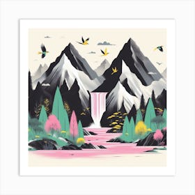 Waterfall In The Mountains Art Print