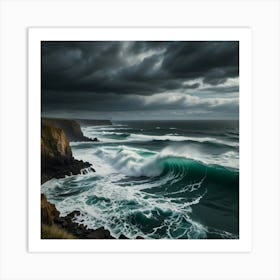 A Dramatic Cliffside Overlooking A Turbulent Ocean With Waves Crashing Against The Rocks 2 Art Print