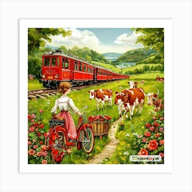 Bavaria, Cows, Red Train, Bicycle Art Print