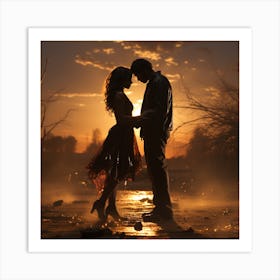 Silhouette Of Young Couple At Sunset Art Print