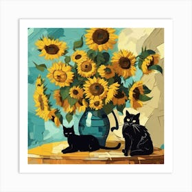 van gogh Sunflowers And Cats Art Print