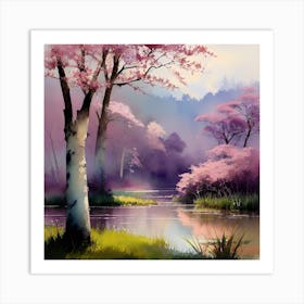 Pink Trees By The Lake Art Print