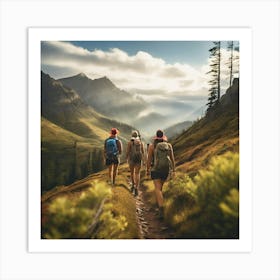 Three Hikers Hiking In The Mountains paintings art print Art Print