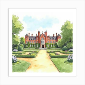 Watercolor View Of The Kelmarsh Hall In Northamptonshire, Capturing Its Grand Design And Extensive Gardens Art Print