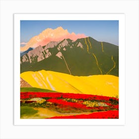 A Large Yellow Mountain With Red Flowers Arranged Below It And A Wide Blue Sky In The Background (1) Art Print