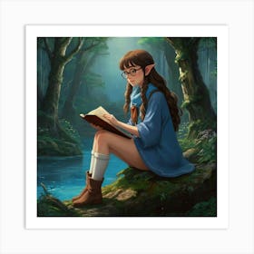 Studio Ghibli ~ Hayao Miyazaki ~ Beautiful elf woman with braided long brown hair, brown eyes, and freckles. wearing a blue scarf, glasses, comfy looking outfit, skirt and thigh highs. sitting and reading a book in a whimsical magical forest with water nearby. whimsical, tetradic colors, The style is highly detailed and vivid, with a blend of realism and fantasy art elements, emphasizing a moody and ethereal ambiance. epic masterpiece, cinematic experience, 8k, fantasy digital art, HDR, UHD. This contrast between the fantastical character and the more traditional fantasy color scheme and elements gives the piece an intriguing narrative quality. Art Print