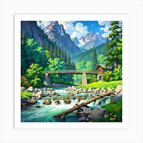 Mountain Scene With A Bridge Art Print