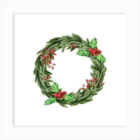 Wreath from Green Fir Branches, Red Berries and Mistletoe Art Print