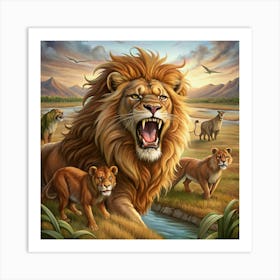 Lion Roaring With Lionesses And Cubs Art Print