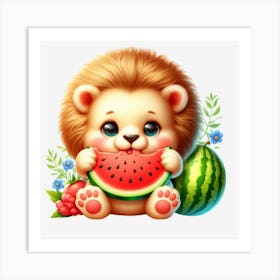 Lion Eating Watermelon Art Print