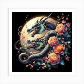 Dragon And Roses Art Print