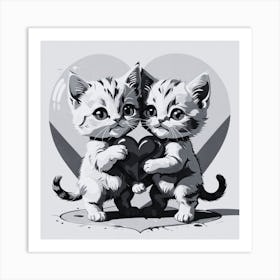 Black and White Kittens Holding A Heart Art Print